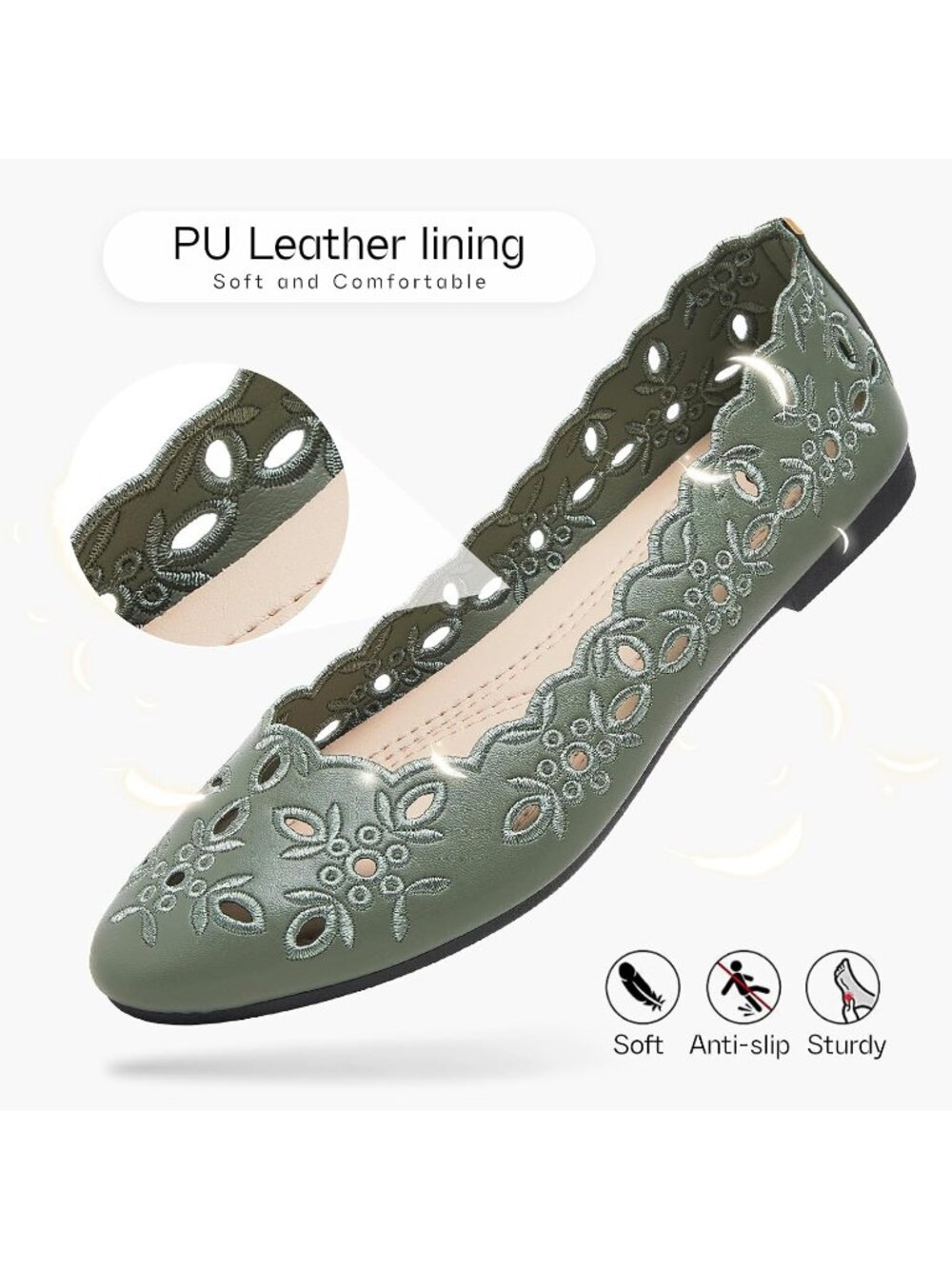 Women's Green Floral Ballet Flats Comfortable Slip On Dressy Casual Shoes - Picture 6 of 6